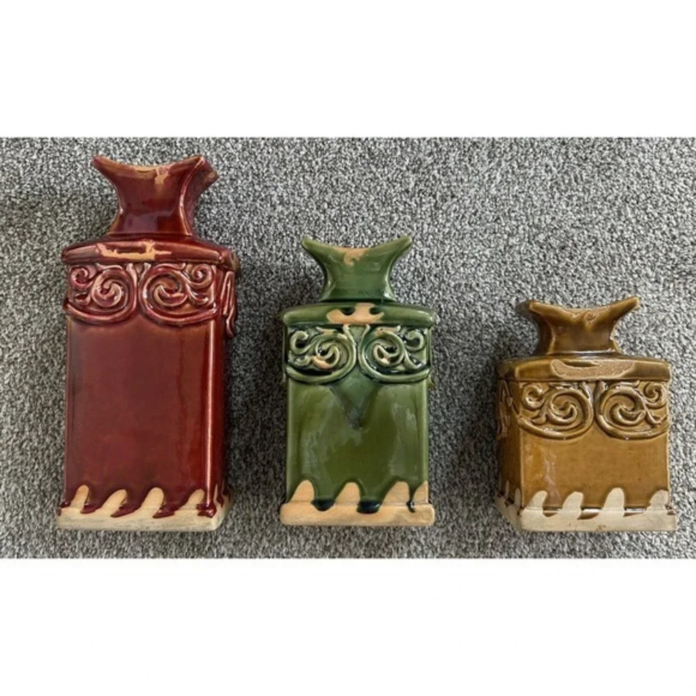 3-PC Decorative Glazed‎ Ceramic Bottle Vases Rectangular Pilar Shape Eccentric